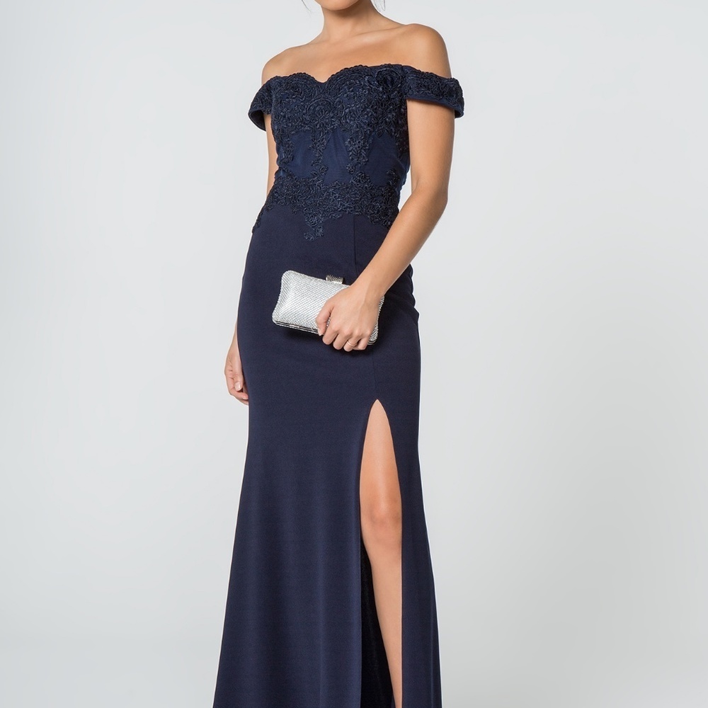 Evening Of Shoulder Long Dress GL2708 Navy W Slit